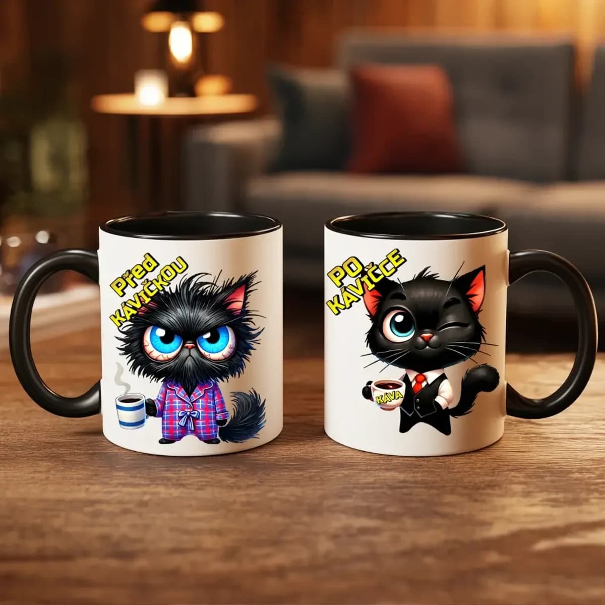 Hrnek“Před kávičkou / Po kávičce – Černá kočka Mood Edition”