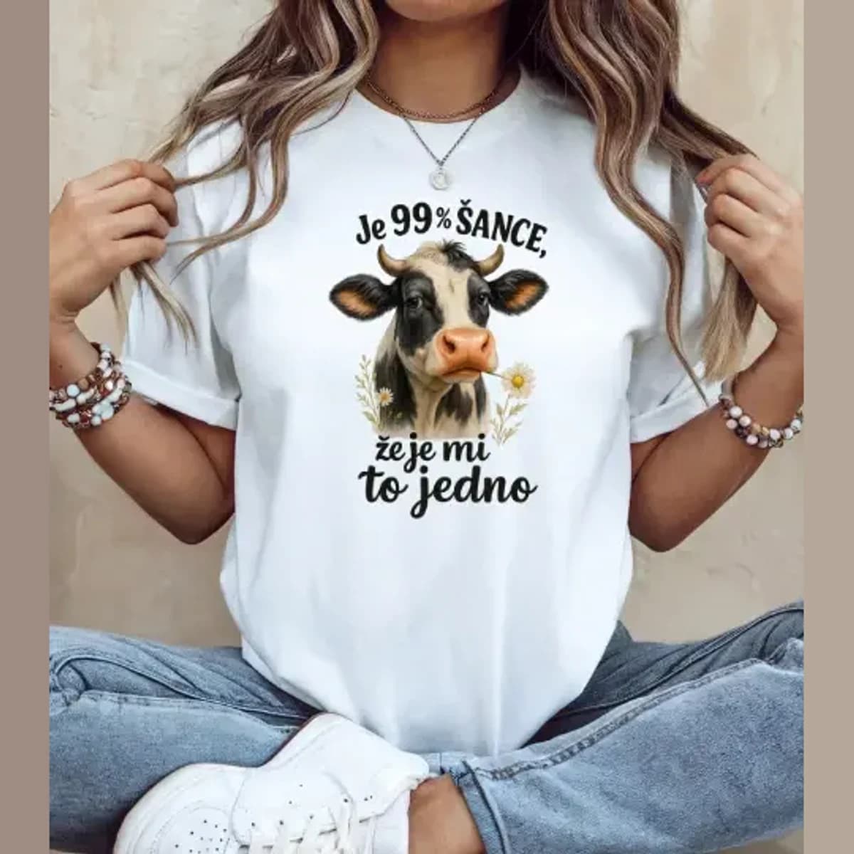 Je 99 % šance, že je mi to jedno – vtipné tričko s kravkou
