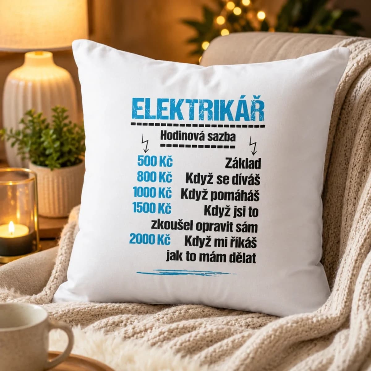 Dekorační polštář Elektrikář – hodinová sazba