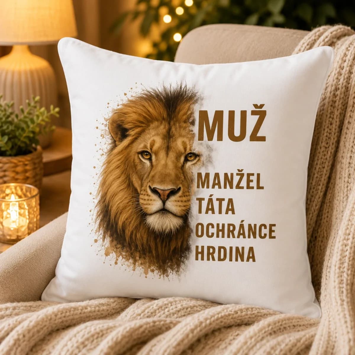 Dekorační polštář Muž – manžel, táta, ochránce, hrdina
