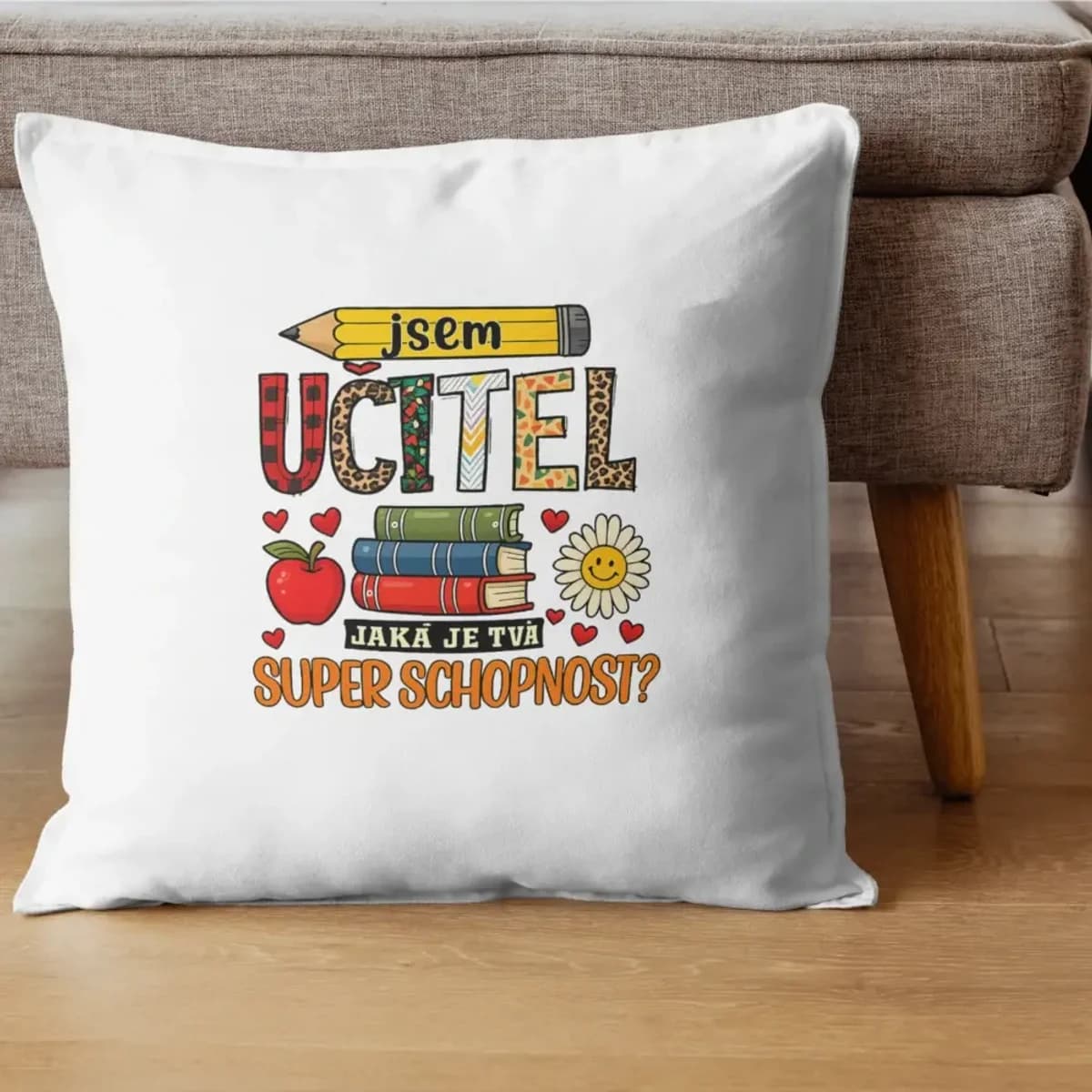 Dekorační polštář „Jsem učitel – jaká je tvá super schopnost?“
