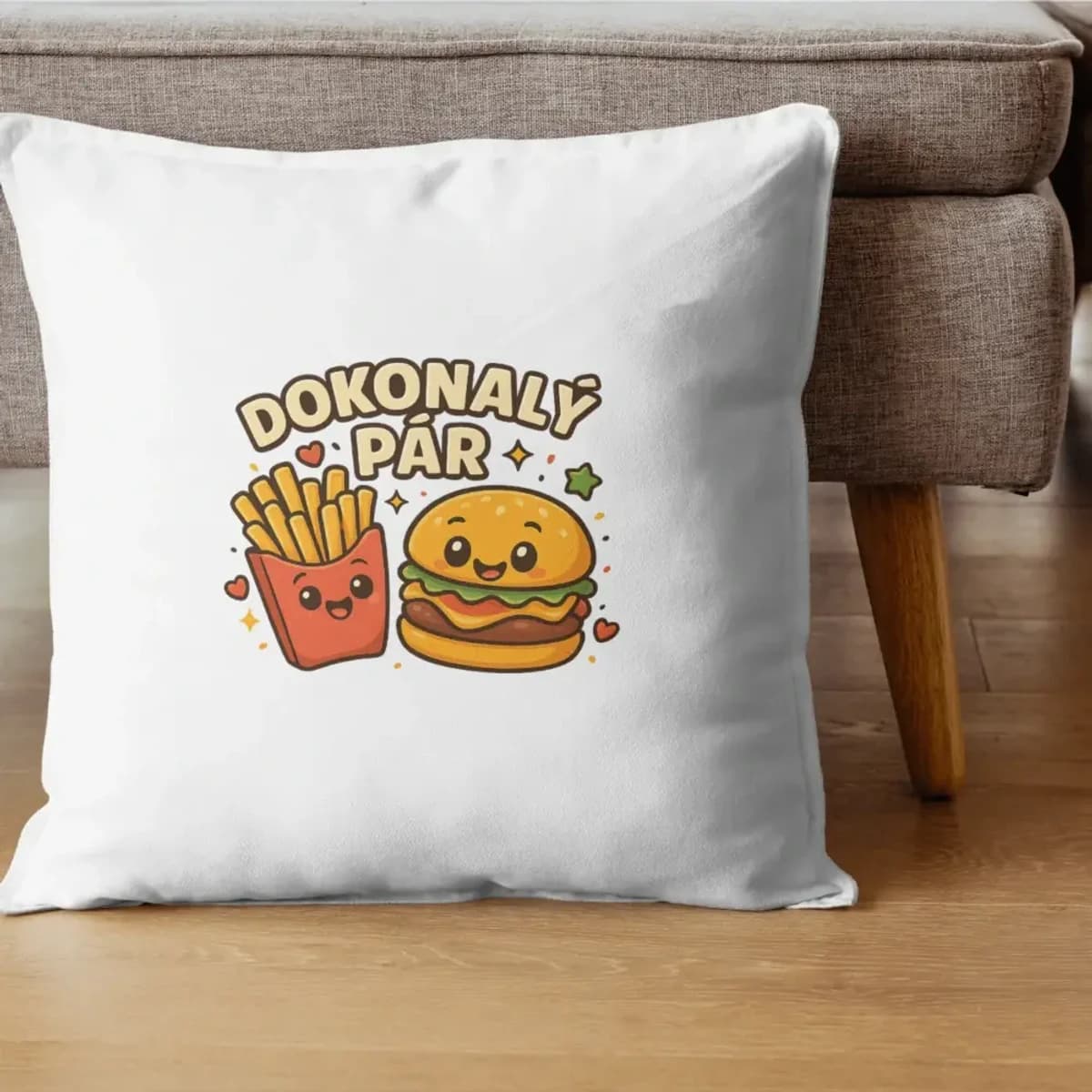 Dekorační polštář Dokonalý pár – hranolky & burger