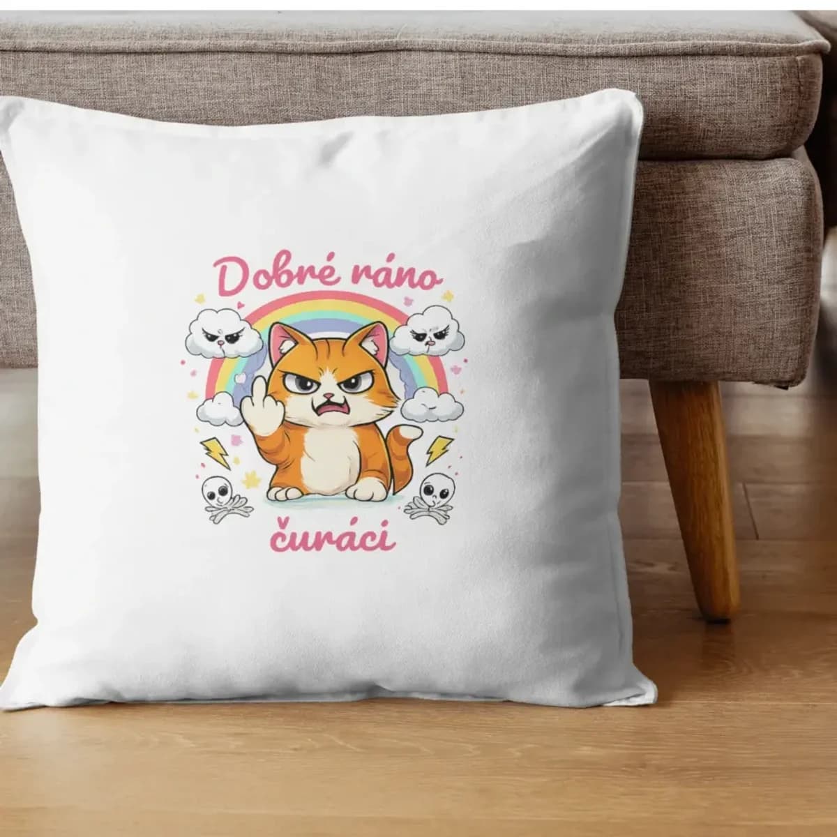 Polštář Dobré ráno čuráci – kočka s duhou