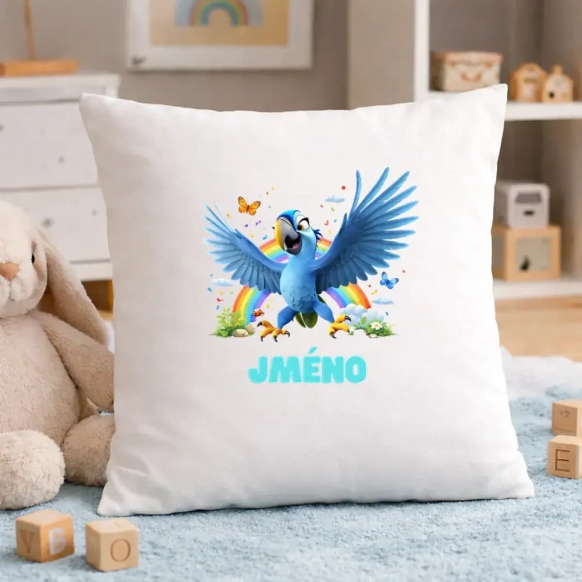 Personalizovaný dětský polštář – Papoušek s duhou a jménem