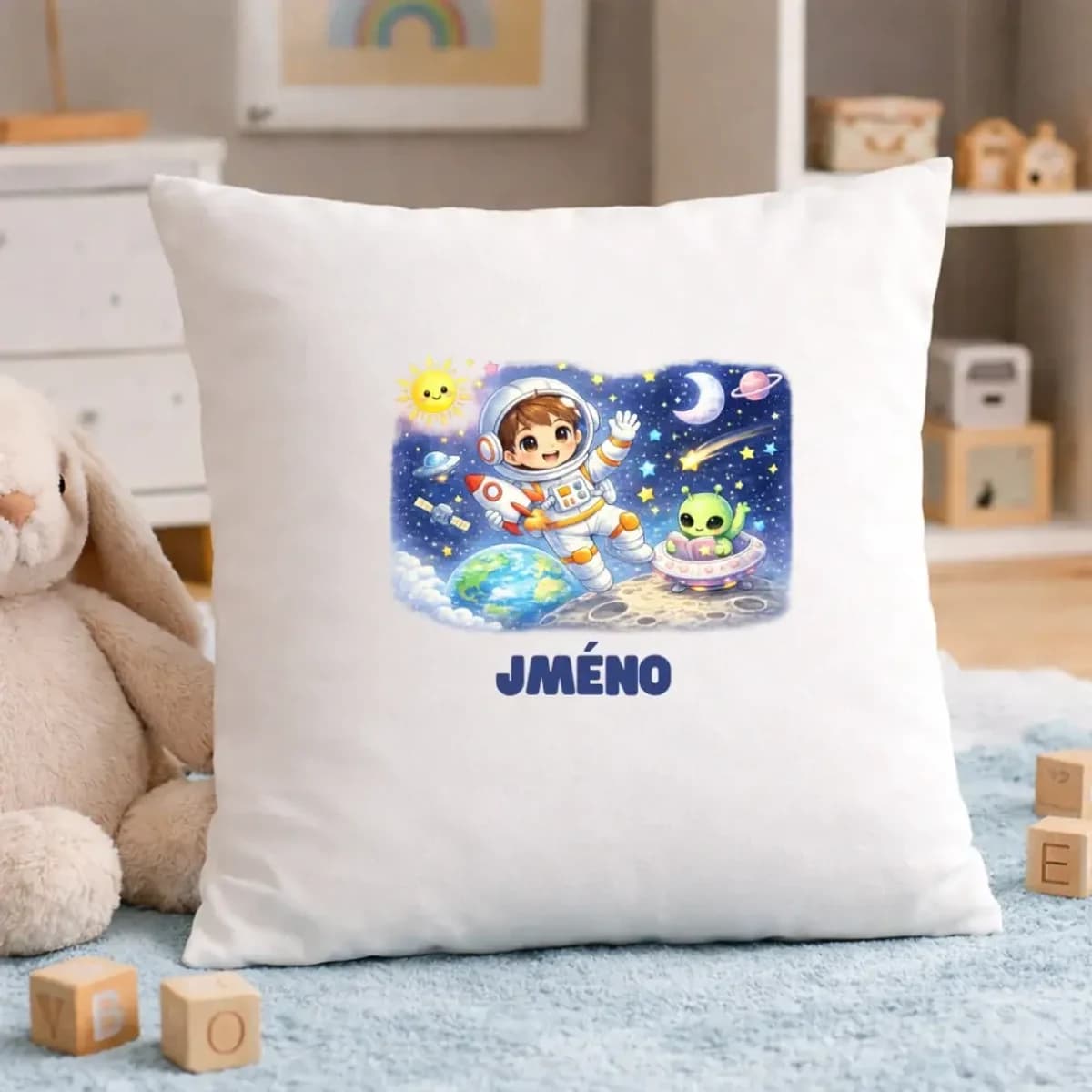 Dětský polštář s vlastním jménem – Malý astronaut modrý