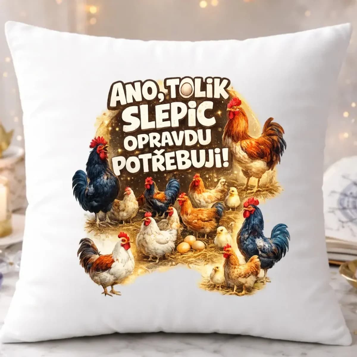 Dekorační polštář – Ano, tolik slepic opravdu potřebuji!