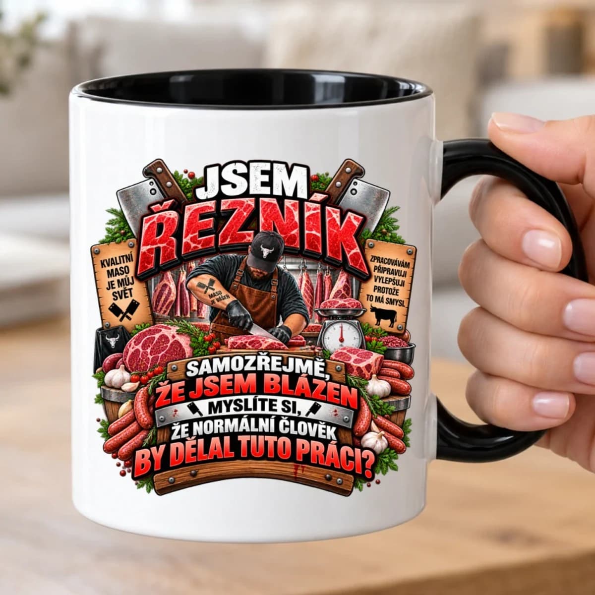 Vtipný hrnek pro řezníka – Jsem řezník, samozřejmě že jsem blázen