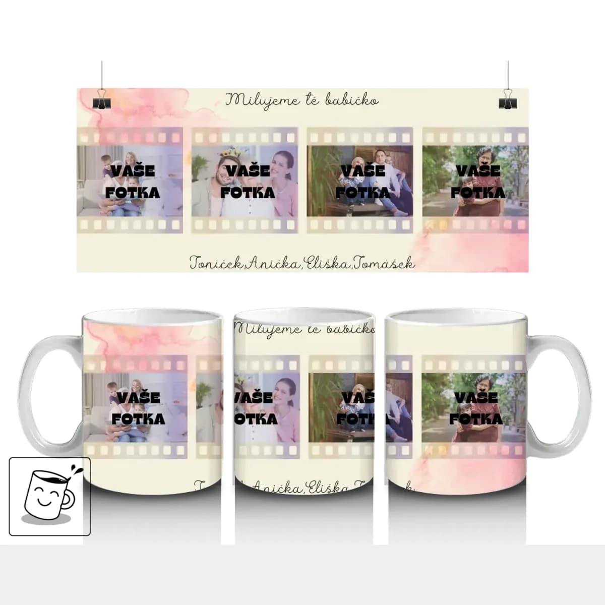Milujeme tě, babičko – Personalizovaný hrnek s fotkami a jmény vnoučat!