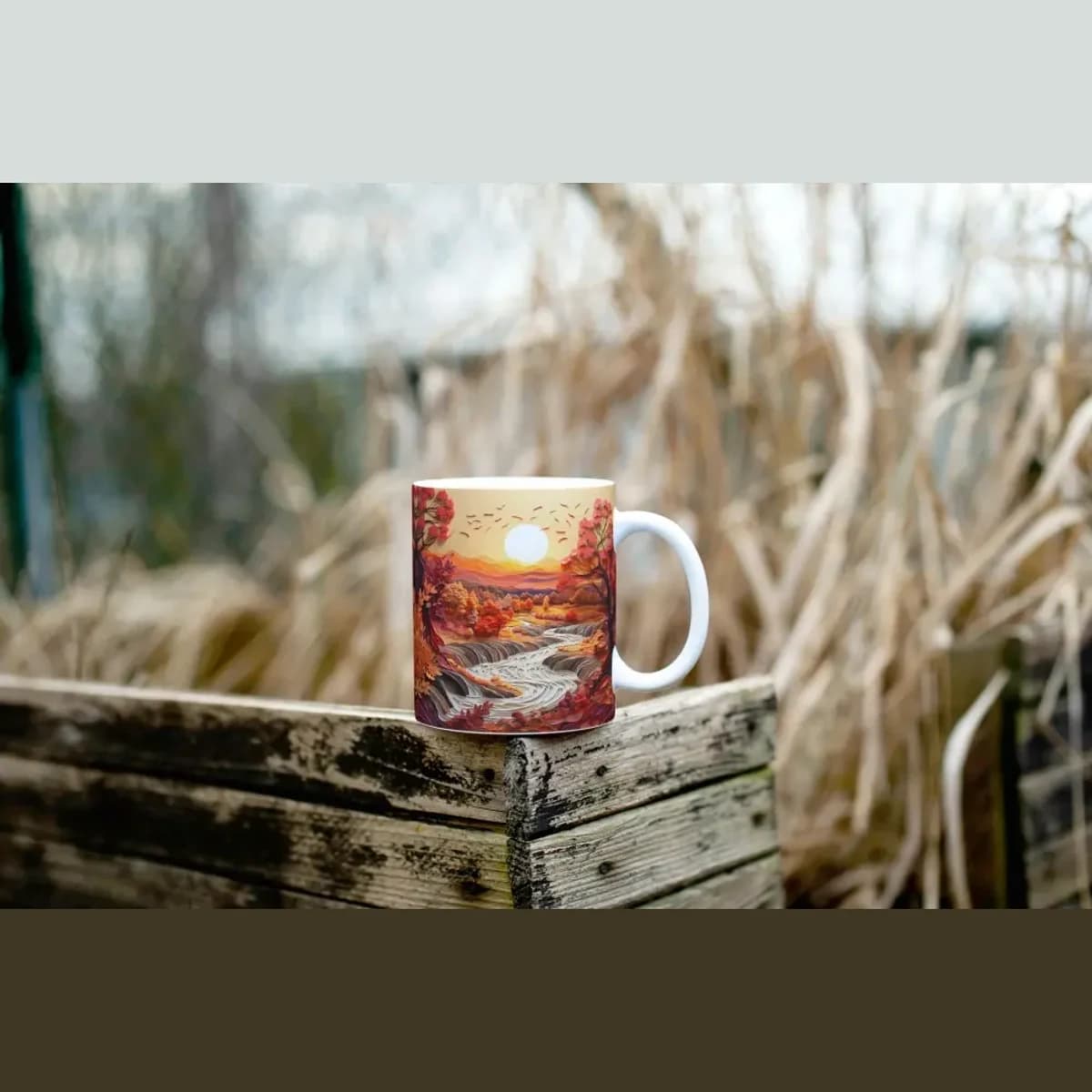 Podzimní hrnek se západem slunce a řekou