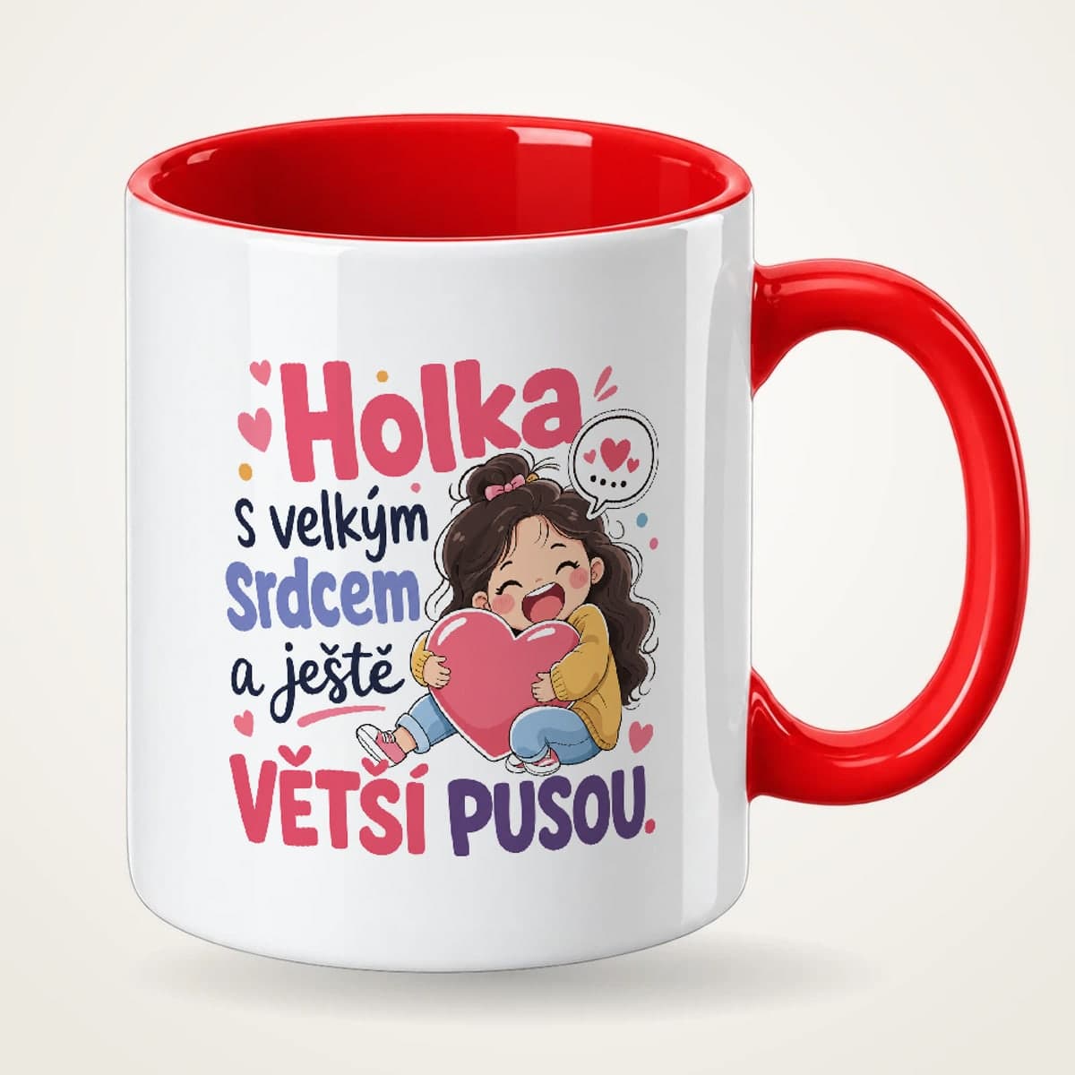 Hrnek s červeným uchem – Holka s velkým srdcem a ještě větší pusou