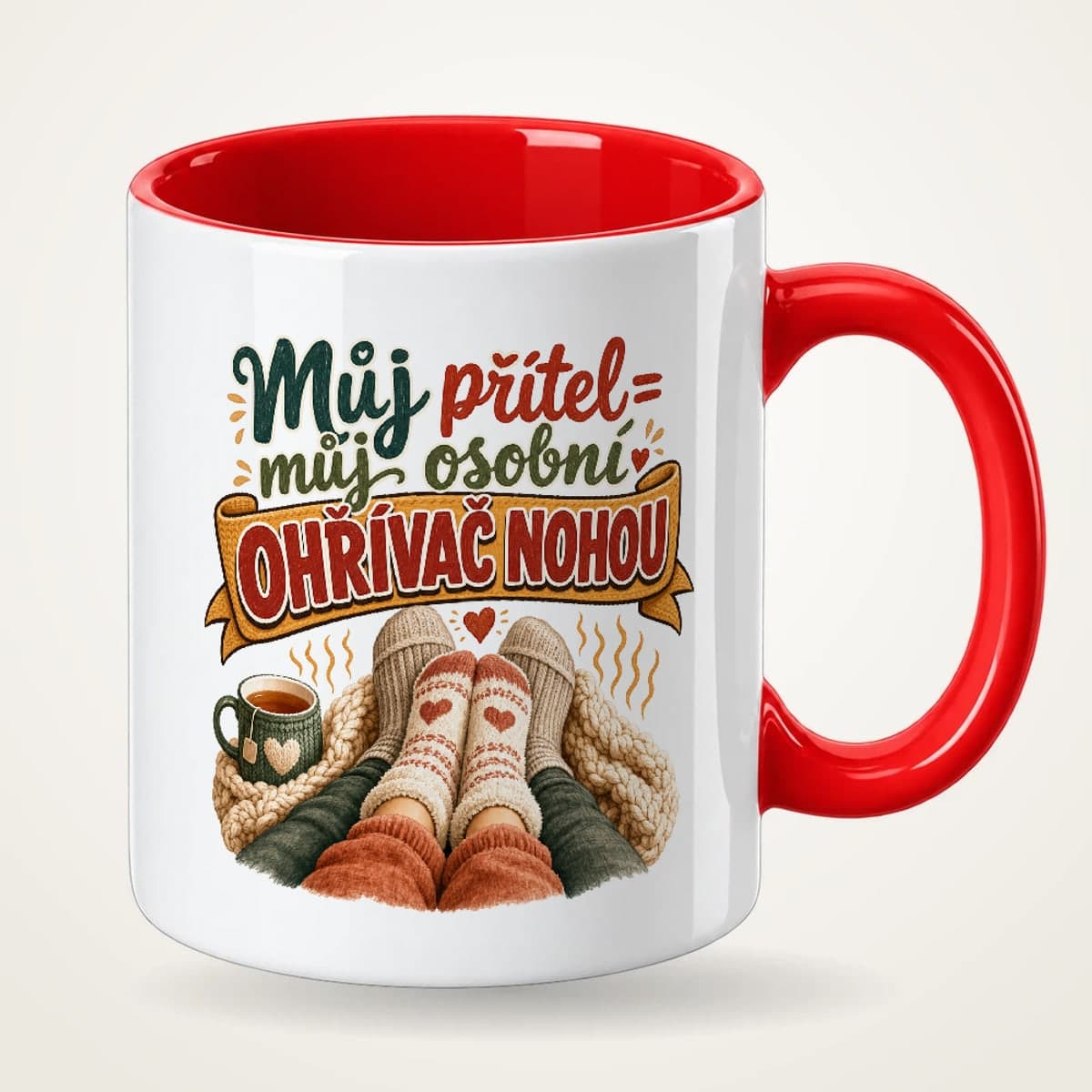 Hrnek s červeným uchem – Můj přítel = můj osobní ohřívač nohou