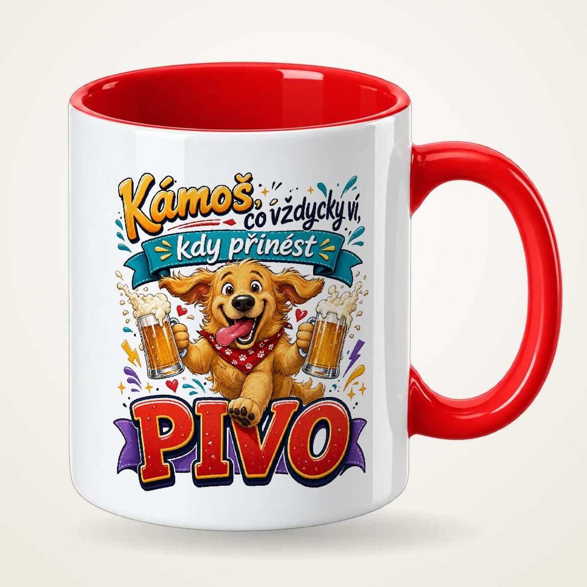 Hrnek s červeným uchem pro kamaráda – Kámoš, co vždycky ví, kdy přinést pivo