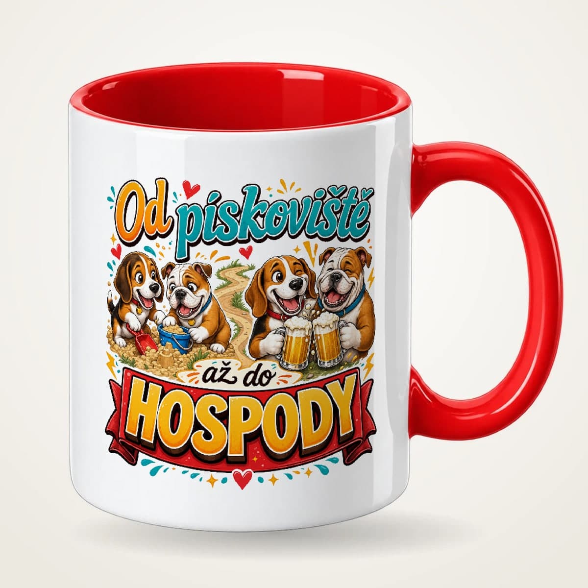 Hrnek s červeným uchem pro kamaráda – Od pískoviště až do hospody