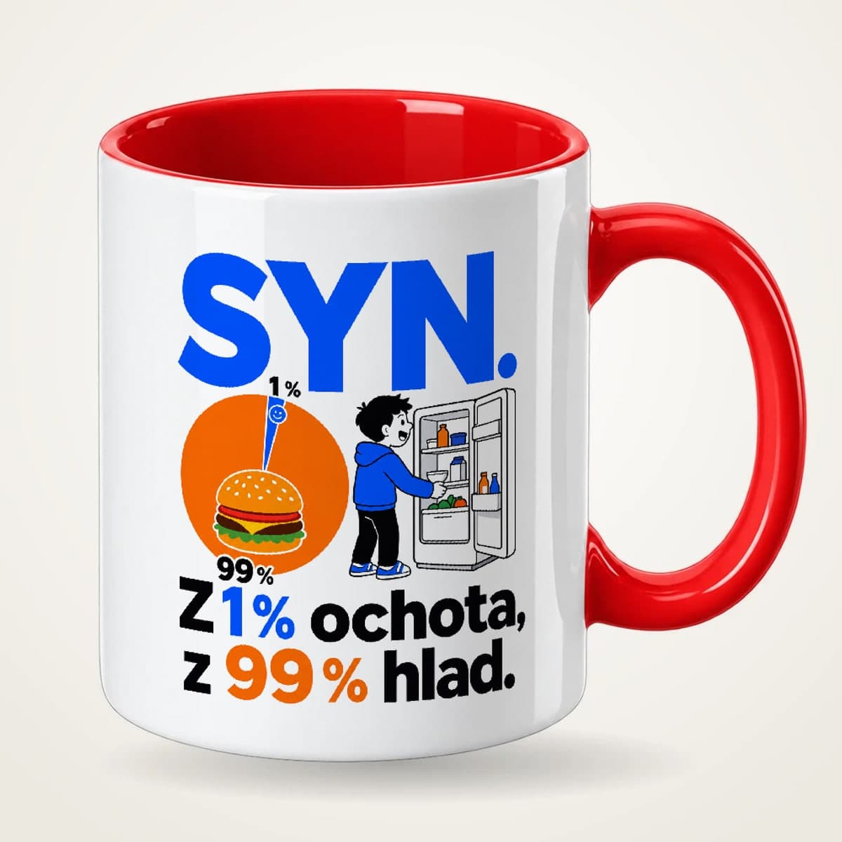 Hrnek s červeným uchem – Syn – z 1 % ochota, z 99 % hlad