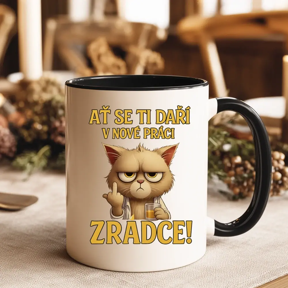 Hrnek Ať se ti daří v nové práci, zrádce! – Kocour s gestem
