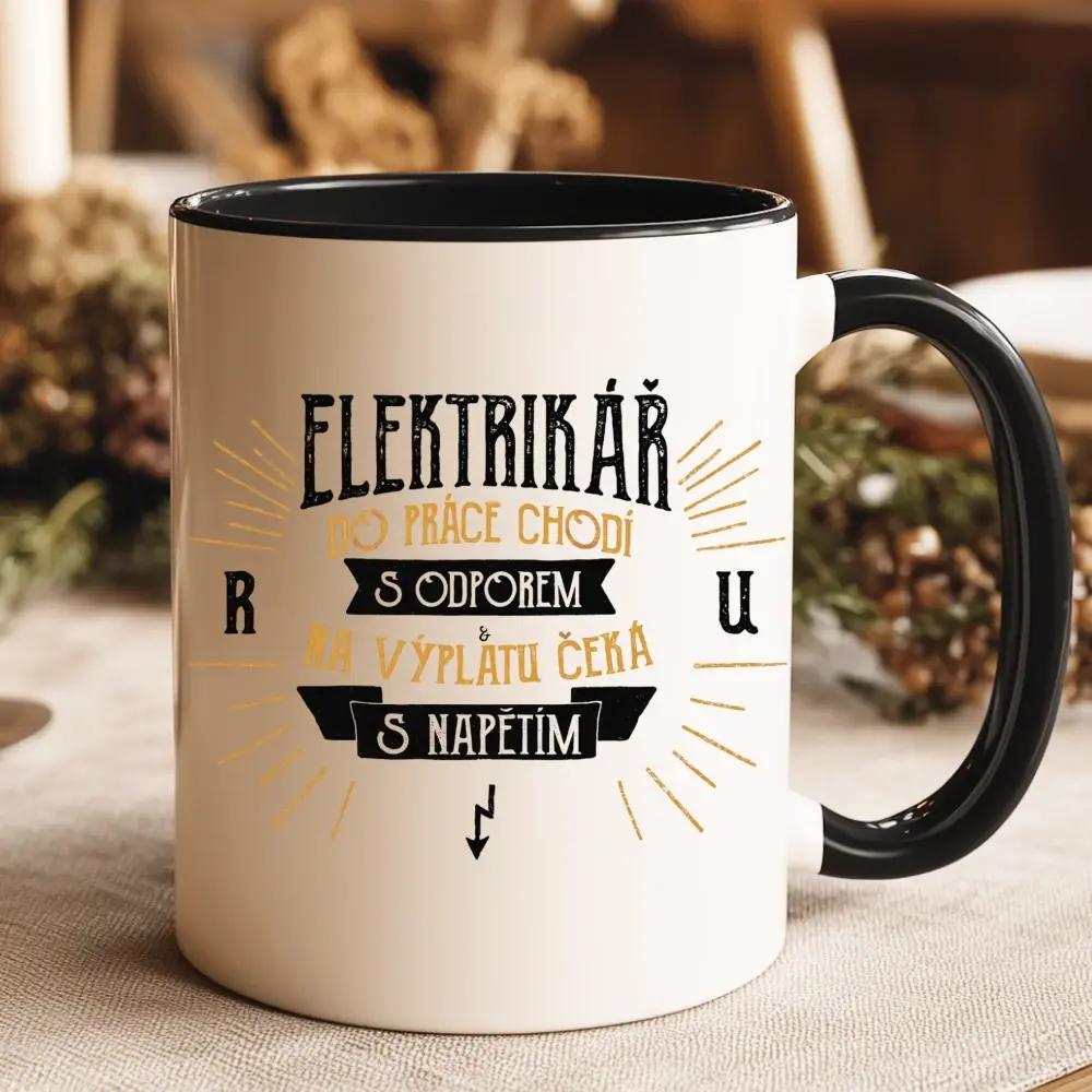 Hrnek Elektrikář – Do práce chodí s odporem, na výplatu čeká s napětím