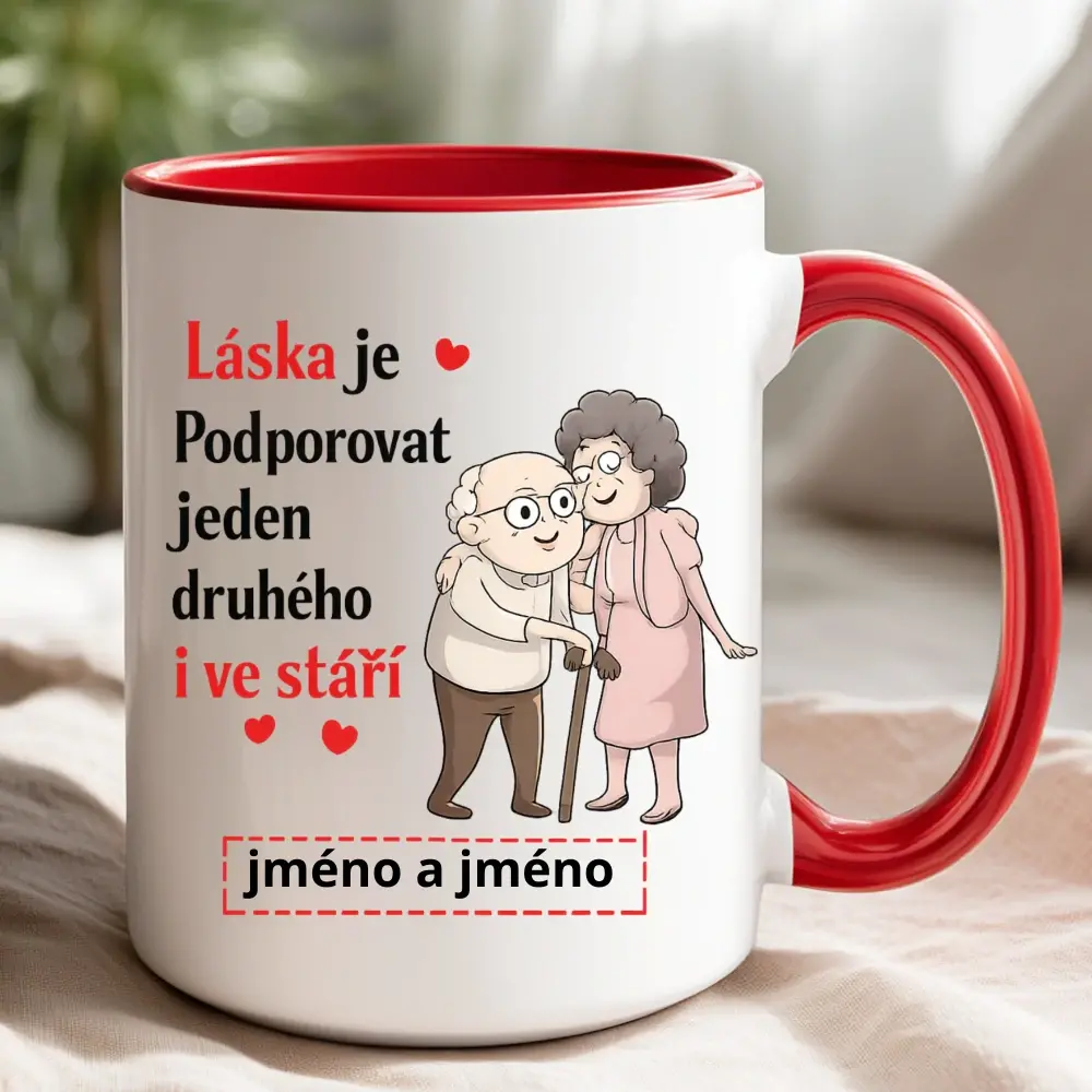 Hrnek „Láska je podporovat jeden druhého i ve stáří“ – se jmény