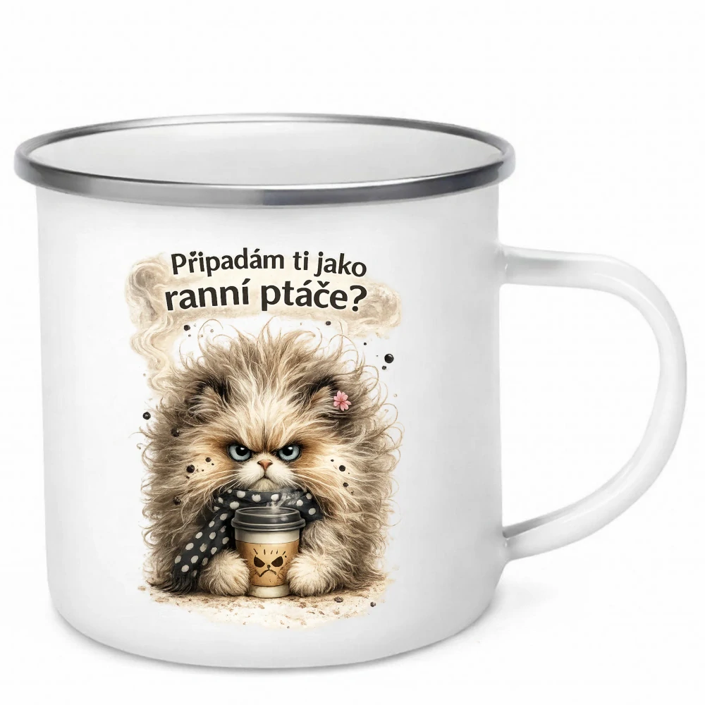 Smaltovaný hrnek – Připadám ti jako ranní ptáče?