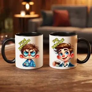 Hrnek “Před kávičkou / Po kávičce – Ranní proměna kluka”