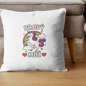Polštář „Pravý muž“ – jednorožec s humorem