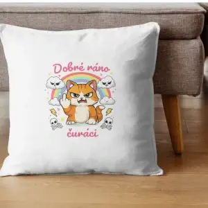 Polštář Dobré ráno čuráci – kočka s duhou