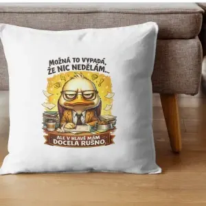 Polštář „Možná to vypadá, že nic nedělám…“ – vtipný polštář s kačerem