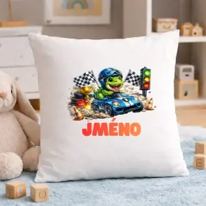 Dětský polštář se jménem – Závodní dinosaurus v autě