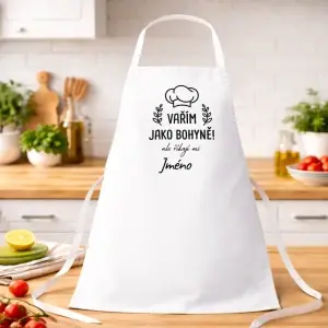 Kuchyňská zástěra „Vařím jako bohyně“ – personalizovaná se jménem