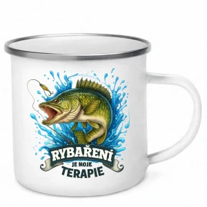 Smaltovaný hrnek – Rybaření je moje terapie