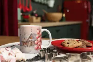 🌸 Růžový zimní sen: Hrneček s zasněženým domem ❄️