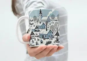 Keramický hrnek 330 ml – Zimní vesnička ❄️🏠