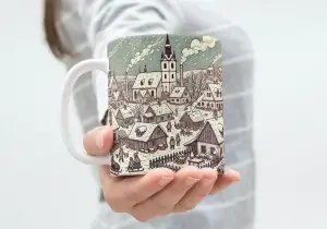 Keramický hrnek 330 ml – Zimní vesnička s kostelem inspirovaná Josefem Ladou ❄️🏘️