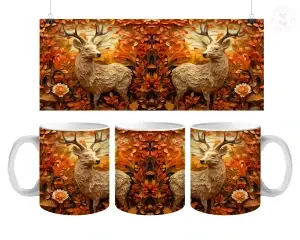 🍁 Podzimní majestát – Hrnek s motivem jelena v podzimním lese 🦌