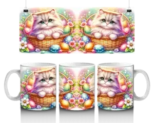 🐱🌸 Velikonoční hrnek – roztomilé koťátko v košíku s vajíčky 🥚✨