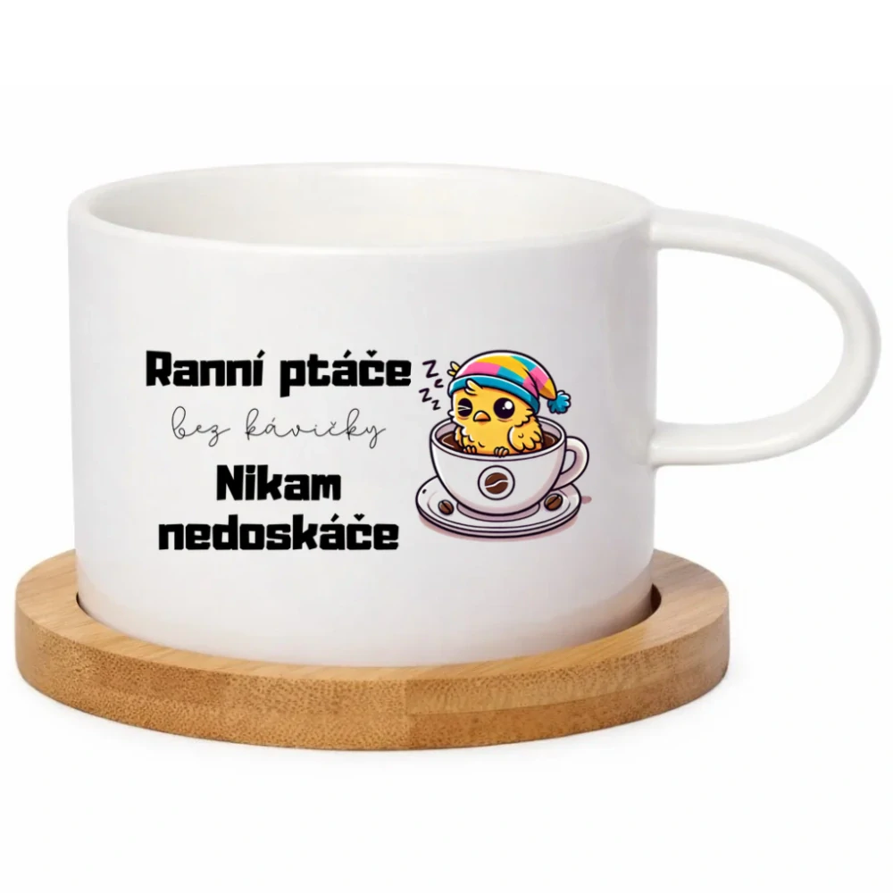 Keramický hrneček 200 ml – „Ranní ptáče bez kavičky nikam nedoskáče“